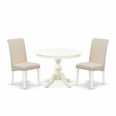 3-Piece Linen White Finish Solid Wood Top - Dining Room Set with High Back - Seats 4