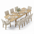 Expandable Dining Table Set for 8, Rectangular Table with Removable Leaves and Armless Linen Chairs, Featuring Solid Wood Legs-Panipeachy