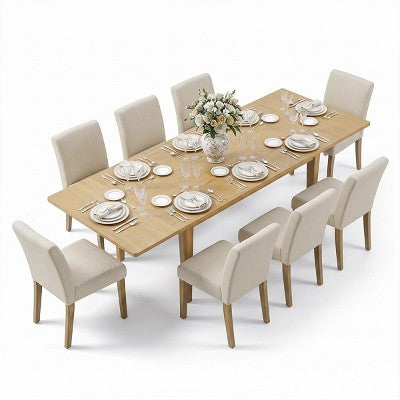 Expandable Dining Table Set for 8, Rectangular Table with Removable Leaves and Armless Linen Chairs, Featuring Solid Wood Legs-Panipeachy