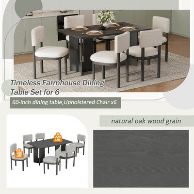 7 Piece Farmhouse Dining Table Set Dining Set for 6, 60 Kitchen Table Set with 6 Upholstered Dining Chairs - ModernLuxe