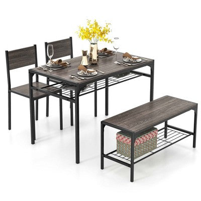 Costway Dining Table Set for 4 Rectangular Table with 2 Chairs, 1 Bench, Storage Racks Rustic Brown/Gray/Brown