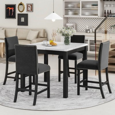 GDFStudio Danielle Modern 5 Piece Rubberwood Counter Height Dining Table Set with Velvet Upholstered Chairs