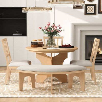 GDFStudio Agnes 5 Piece Rustic Round Dining Set with Upholstered Chairs and Curved Bench