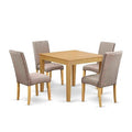 Country Cottage Dining Set - 5Pc Square Table & 4 Chairs - Linen Fabric - Oak Finish