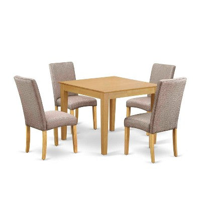 Country Cottage Dining Set - 5Pc Square Table & 4 Chairs - Linen Fabric - Oak Finish