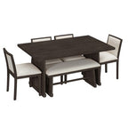 ModernLuxe 6-Piece Rustic Farmhouse Dining Set, Oak Veneer Dining Table with Trapezoid Legs, 4 Linen Upholstered Chairs+1 Bench