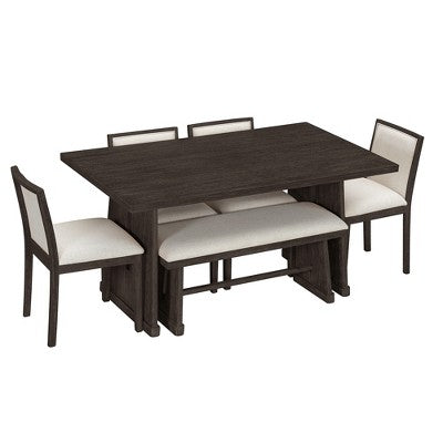 ModernLuxe 6-Piece Rustic Farmhouse Dining Set, Oak Veneer Dining Table with Trapezoid Legs, 4 Linen Upholstered Chairs+1 Bench