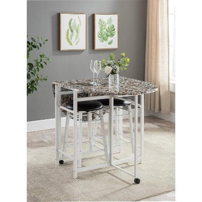 Kings Brand Furniture  Akins 3-Piece Drop-Leaf Dinette Set with Faux Marble Tabletop and Faux Leather Stools