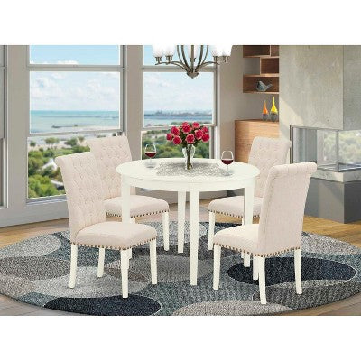 HomeStock 5-Pc Linen white Solid Wood Top - Round Dining Room Set - Seats 4