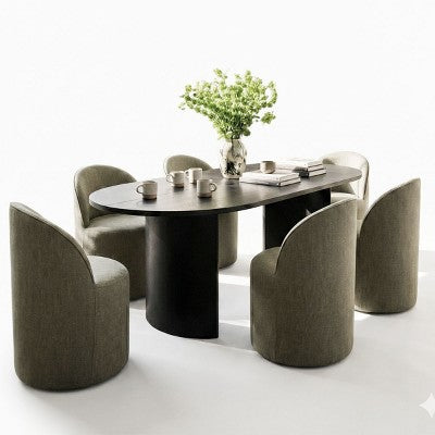 Dining Table Set for 6, Oval 79 Table and Linen Fabric Upholstered Barrel Chairs with Casters, for the Dining Room-Panipeachy