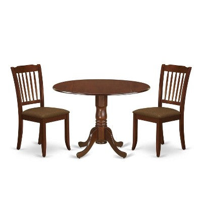 Round Dinette Set with Drop Leaf Table & 2 Linen Dining Chairs - Mahogany Finish