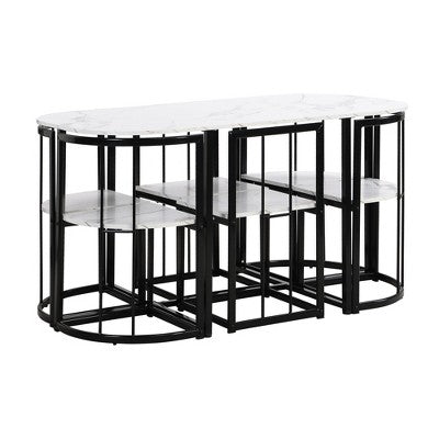Modern Marble Dining Table Set for 6 with Metal Frame, Rectangular Marble Sticker Table and 6 Chairs for Dining Room Kitchen