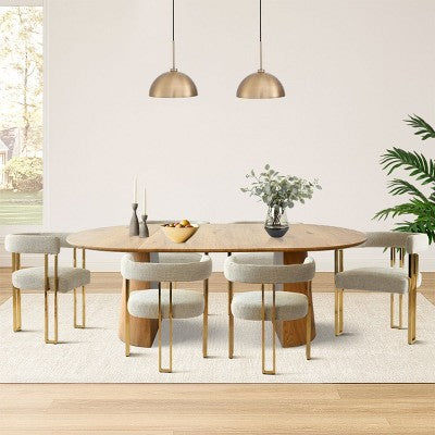 3-in-1 Oval Extendable Dining Table Set with 6 Chenille Upholstered Chairs Featuring Gold Metal Legs, Versatile Dining Furniture-Panipeachy