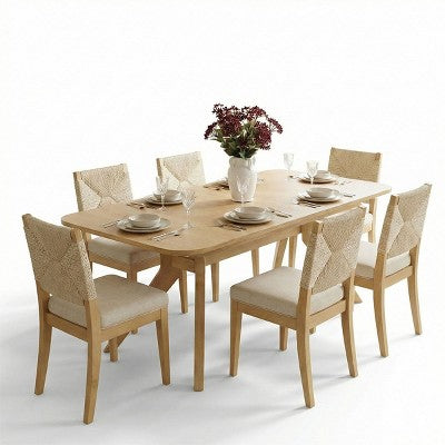 Expandable Dining Table Set for 6/8, Japandi Dining Room Furniture, Rope Back Chairs with Beige Upholstered Seats-Panipeachy