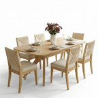Expandable Dining Table Set for 6/8, Japandi Dining Room Furniture, Rope Back Chairs with Beige Upholstered Seats-Panipeachy