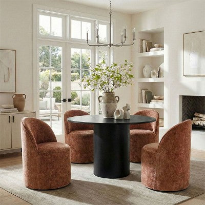 5-Piece Dining Table Set for 4, Modern Barrel Chair with Wheels and Chenille Upholstery, Black Round Pedestal Table-Panipeachy