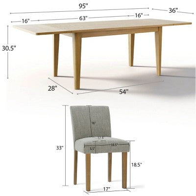 Expandable Dining Table Set for 8, Rectangular Table with Removable Leaves and Armless Linen Chairs, Featuring Solid Wood Legs-Panipeachy