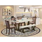 HomeStock 6-Piece Rectangle Distressed Jacobean Finish Solid Wood Top Dining Table with 1-Bench, 4-Chairs