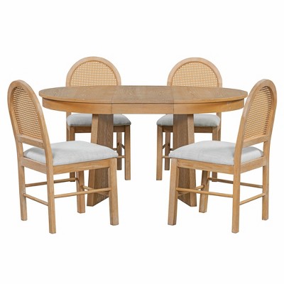 Rattan Round Dining Table Set for 4, Extendable Dining Set with 4 Upholstered Chairs, Kitchen Table and Chairs Set for Small Space, Natural Wood Wash
