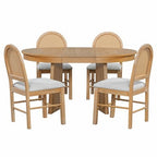 Rattan Round Dining Table Set for 4, Extendable Dining Set with 4 Upholstered Chairs, Kitchen Table and Chairs Set for Small Space, Natural Wood Wash