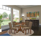 Round Dining Set 5pc - 36 Table & 4 Chairs - Linen Fabric, Mahogany Legs - Elegant Dining Room Furniture