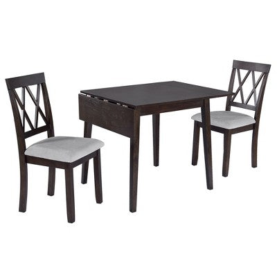 3 Piece Expandable Dining Set with 2 Upholstered Chairs, Wood Dining Table with Drop Leaf for Small Place