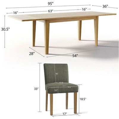 Expandable Dining Table Set for 8, Rectangular Table with Removable Leaves and Armless Linen Chairs, Featuring Solid Wood Legs-Panipeachy