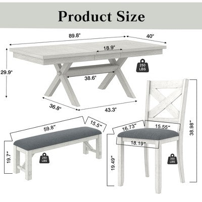 VECELO Rustic 6-Piece Extendable Dining Table Set, Rubber Wood Table with 4 Armless Upholstered Dining Chairs and Bench for Kitchen, Gray