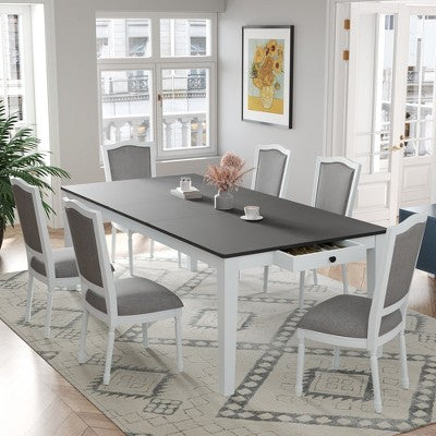 Rustic Extendable Dining Table Set for 6, 7 Pieces Rectangle Dining Table with 6 Upholstered Chairs, Kitchen Table Set with 2 Drawers