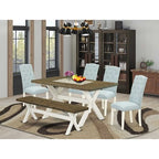 HomeStock 6-Piece Natural Oak Finish Solid Wood Top dining Table with 1-Bench and 4-Chairs