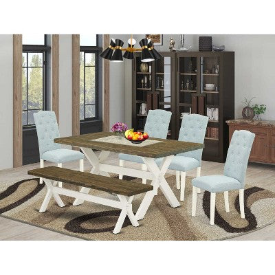 HomeStock 6-Piece Natural Oak Finish Solid Wood Top dining Table with 1-Bench and 4-Chairs