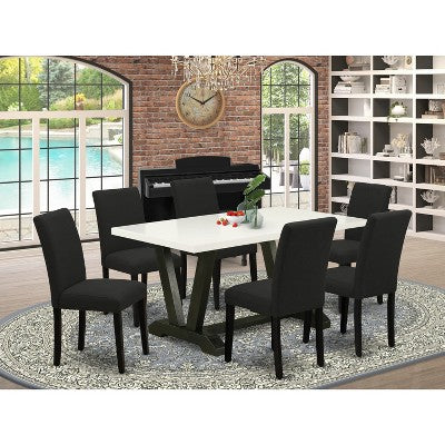 HomeStock Belmont 7-Piece Dining Set Includes 6 Kitchen Chairs with Upholstered Seat and High Back and a Rectangular Kitchen Table - Black Finish