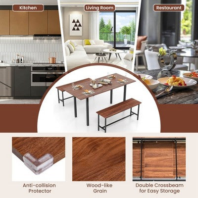 Costway 3 Piece Dining Table Set for 4-6 63Kitchen Table with 2 Benches Metal Frame Black/Walnut