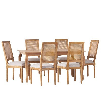 Christopher Knight Home Regan 7 Piece French Country Fabric Upholstered Wood and Cane Expandable Dining Set