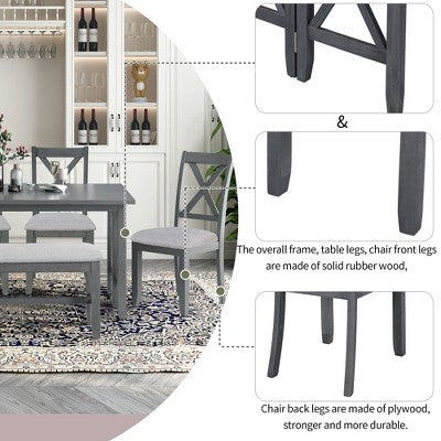 6 Piece Extendable Dining Table Set Dining Set Small Dinette Kitchen Table Set with Foldable Table, 4 Upholstered Chairs, Bench, Gray/Espresso-HABITRI