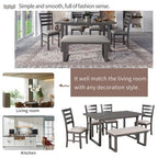 Farmhouse 6 Pieces Dining Table Set with Bench, Wood Rectangle Table and 4 Upholstered Chairs for Kitchen, Gray