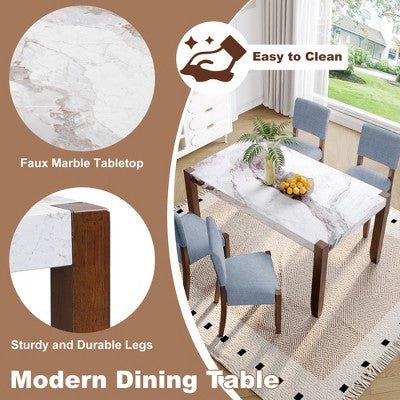 Faux Marble Dining Table Set for 4, 5 Pieces Rectangle Dining Table with 4 Upholstered Chairs for Small Space Kictchen