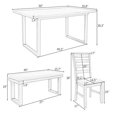 Farmhouse 6 Pieces Dining Table Set with Bench, Wood Rectangle Table and 4 Upholstered Chairs for Kitchen, Gray