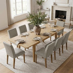 Expandable Dining Table Set for 8, Rectangular Table with Removable Leaves and Armless Linen Chairs, Featuring Solid Wood Legs-Panipeachy
