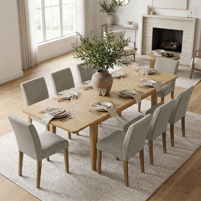 Expandable Dining Table Set for 8, Rectangular Table with Removable Leaves and Armless Linen Chairs, Featuring Solid Wood Legs-Panipeachy