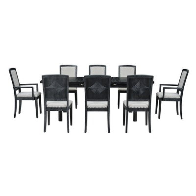 9 Pieces Extendable Dining Table Set for 6, Rectangular Kitchen Dining Table with Removable Leaf and 6 Armless Chairs and 2 Arm Chairs
