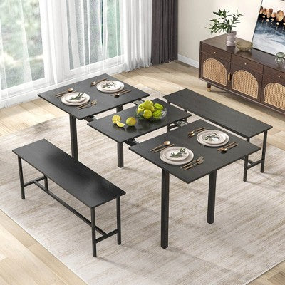Costway 3 Piece Dining Table Set for 4-6 63Kitchen Table with 2 Benches Metal Frame Black/Walnut