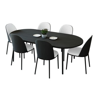 LeisureMod Tule 7-Piece Dining Set in Steel Frame with 6 Upholstered Seat Dining Chairs and 71 Oval Dining Table with Wood Tabletop