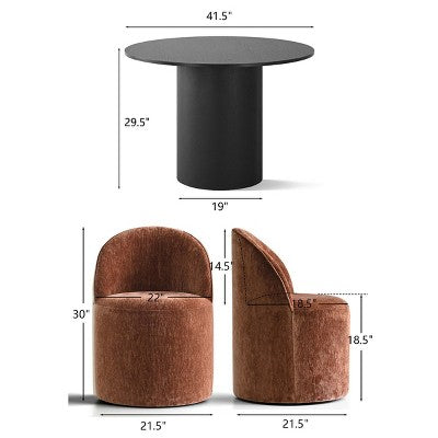 5-Piece Dining Table Set for 4, Modern Barrel Chair with Wheels and Chenille Upholstery, Black Round Pedestal Table-Panipeachy