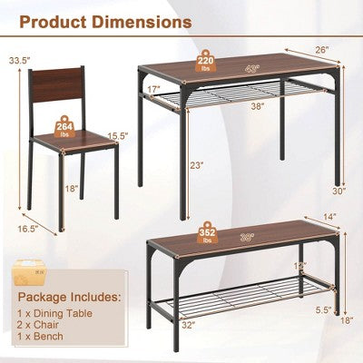 Costway Dining Table Set for 4 Rectangular Table with 2 Chairs, 1 Bench, Storage Racks Rustic Brown/Gray/Brown