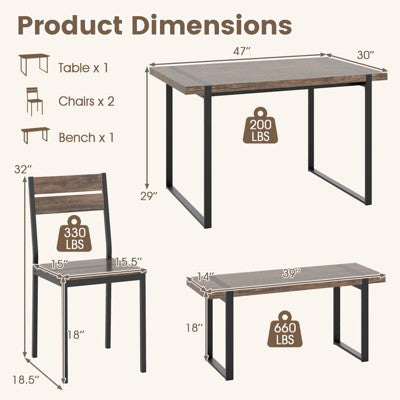 Costway 47 Dining Table Set for 4, Wooden Kitchen Table with 2 Chairs & Bench, Metal Frame