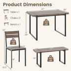 Costway 47 Dining Table Set for 4, Wooden Kitchen Table with 2 Chairs & Bench, Metal Frame