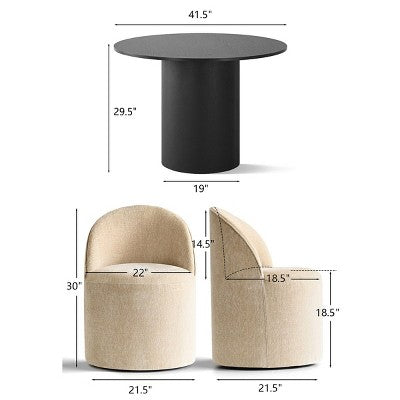5-Piece Dining Table Set for 4, Modern Barrel Chair with Wheels and Chenille Upholstery, Black Round Pedestal Table-Panipeachy