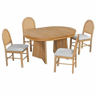 Rattan Round Dining Table Set for 4, Extendable Dining Set with 4 Upholstered Chairs, Kitchen Table and Chairs Set for Small Space, Natural Wood Wash