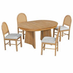 Rattan Round Dining Table Set for 4, Extendable Dining Set with 4 Upholstered Chairs, Kitchen Table and Chairs Set for Small Space, Natural Wood Wash
